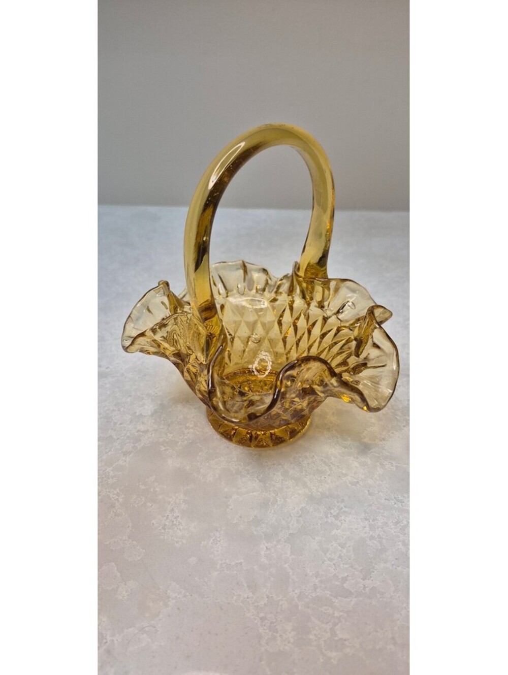 Vintage Fenton Colonial Amber Glass Basket Thumbprint Ruffled Candy Dish 6"